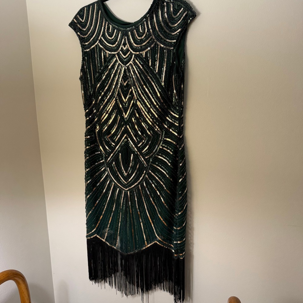 Babeyond Green Gold Sequin Flapper Dress XL Art Deco Gatsby Fringe Cocktail